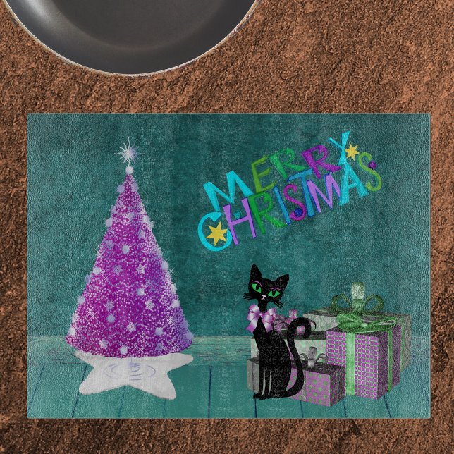 Pink Christmas Tree Black Cat Wrapped Present Teal (Pink tree black cat with bow wrapped presents in teal coloured room on Christmas glass cutting board)