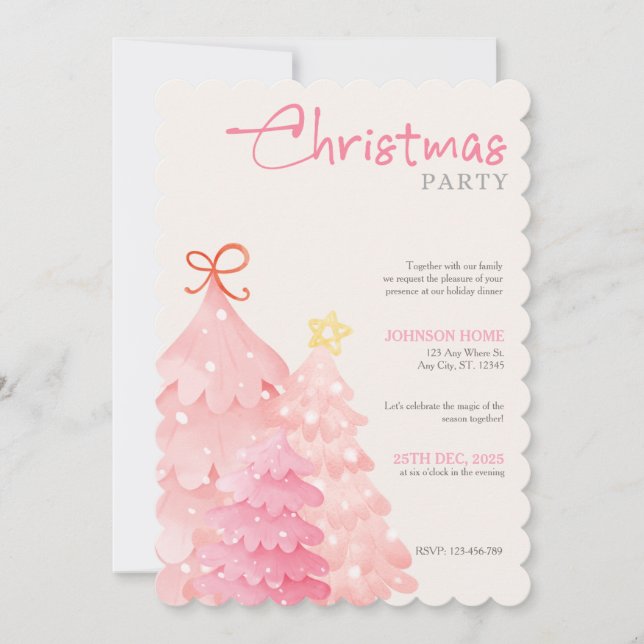 Pink Christmas Tree Christmas Party Invitation Inbjudningar (Framsida)