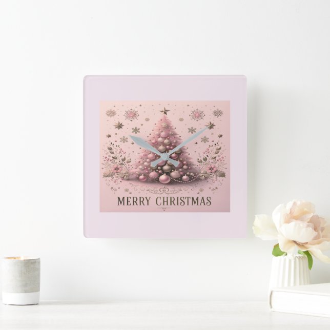 Pink Christmas Tree Merry Christmas Wall Clock Fyrkantig Klocka (Hem)