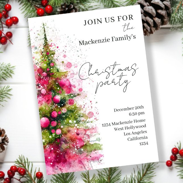  Pink Christmas Tree Party Personalized Invitation Julkort (Pink Christmas Tree Party Personalized Invitations by Ricaso. Bold Pink Modern and Stylish invites)