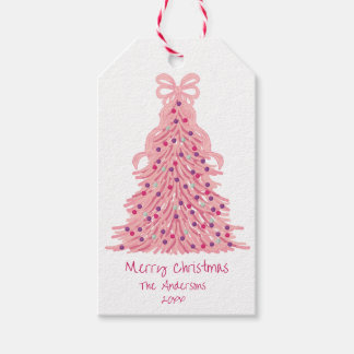 Pink Christmas Tree Pink Bow Presentetikett