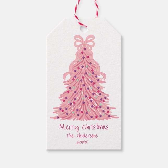 Pink Christmas Tree Pink Bow Presentetikett (Framsidan)