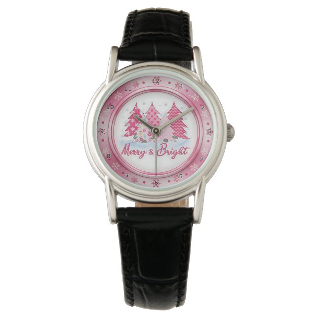 Pink Christmas Trees Round Holiday Design Armbandsur (Framsida)