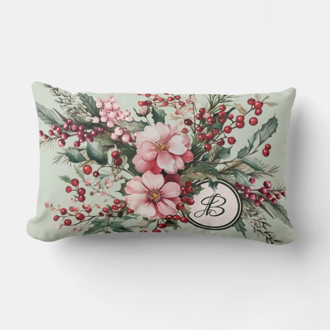Pink Christmas Watercolor Floral Elegant Monogram Lumbarkudde (Framsida)