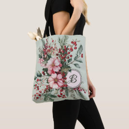 Pink Christmas Watercolor Floral Monogrammed Tote Tygkasse