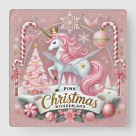 Pink Christmas Wonderland Unicorn Fyrkantig Klocka