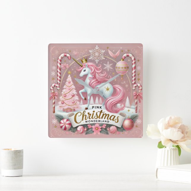 Pink Christmas Wonderland Unicorn Fyrkantig Klocka (Hem)