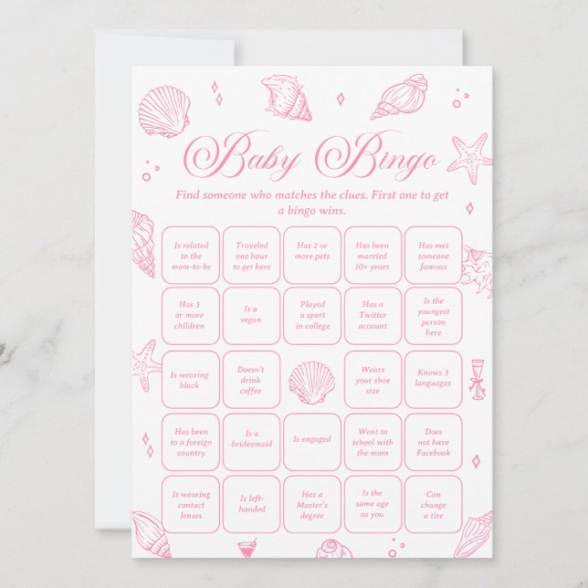 Pink Coastal Baby Shower Find the Guest Bingo Game Inbjudningar (Framsida)