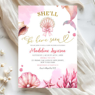 Pink Coastal She'll Be Here Soon Baby Shower Inbjudningar