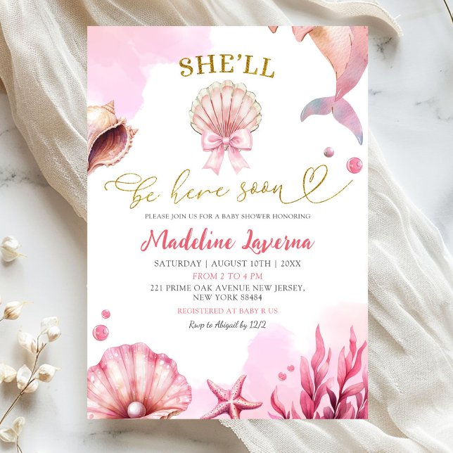 Pink Coastal She'll Be Here Soon Baby Shower Inbjudningar (Skapare uppladdad)