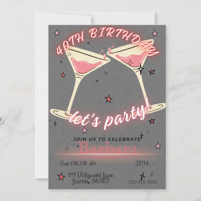 Pink Cocktail 40th Birthday Invitation Spara Datumet (Framsida)