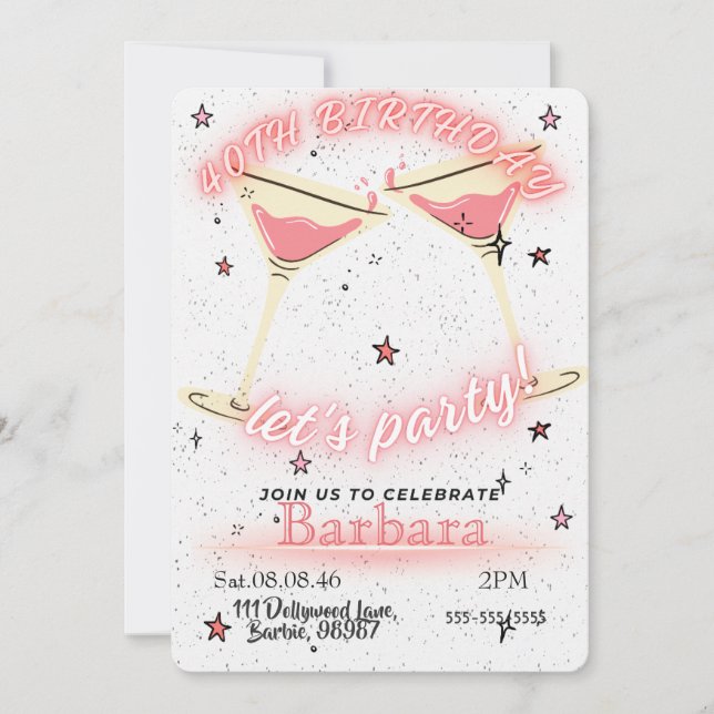 Pink Cocktail 40th Birthday Invitation Spara Datumet (Framsida)