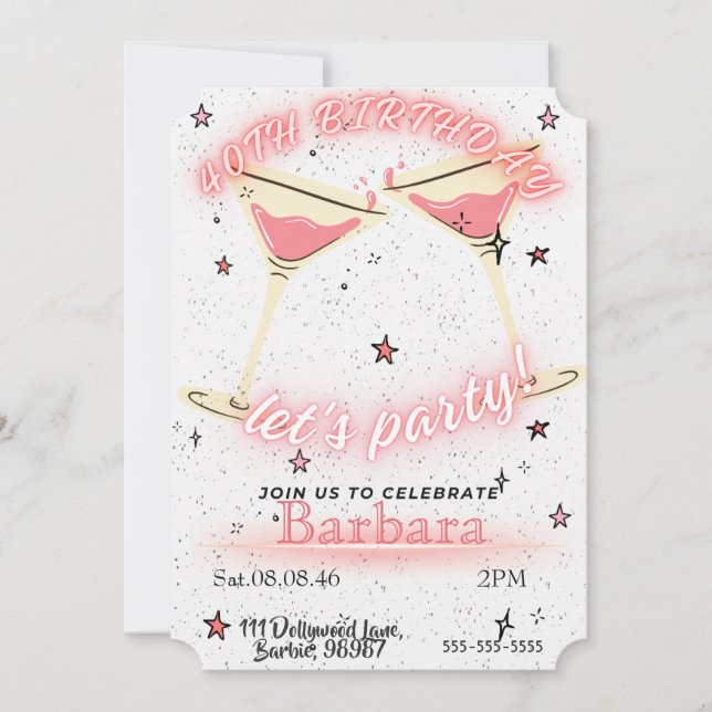 Pink Cocktail 40th Birthday Invitation Spara Datumet (Framsida)