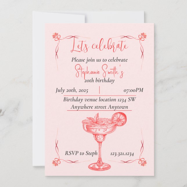 Pink Cocktail Birthday Invitation - Summer Vibe Inbjudningar (Framsida)