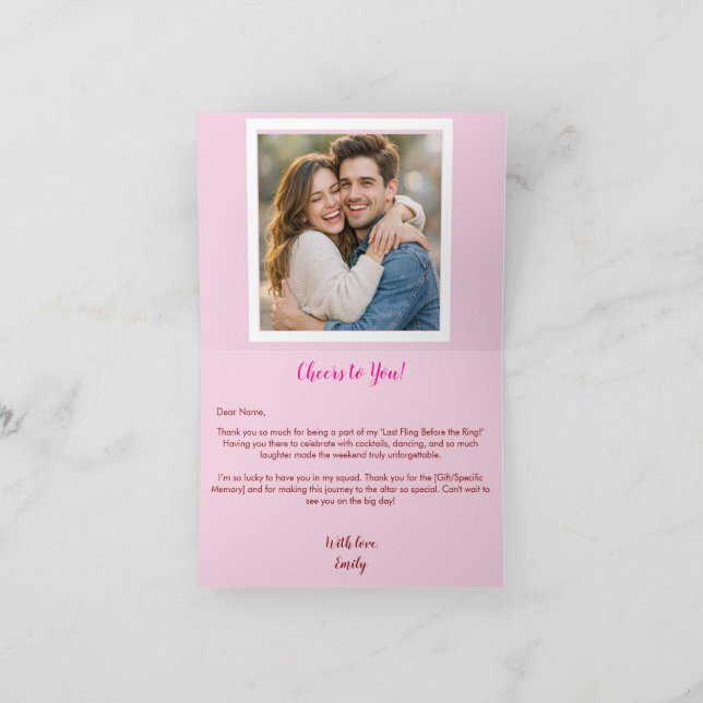Pink Cocktail & Champagne Bachelorette Photo Tack Kort (Inuti)