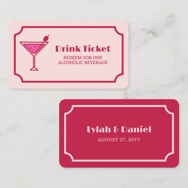 Pink Cocktail Retro Font Wedding Drink Ticket Rabattkort (Fram/baksida)