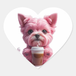 pink coffee puppy hjärtformat klistermärke