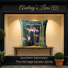 Pink Coneflower & Hummingbirds Welcome Kudde