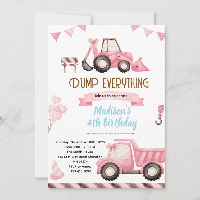 Pink Construction Birthday Invitation Inbjudningar (Framsida)