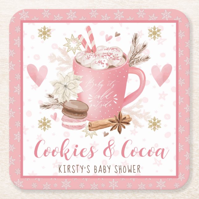 Pink Cookies and Cocoa Baby Shower Underlägg Papper Kvadrat (Framsidan)