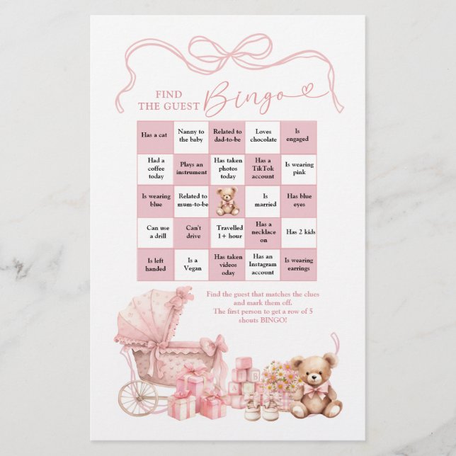 Pink Coquette Baby Carriage Find The Guest Bingo (Framsida)