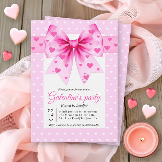 Pink coquette bow and hearts Galentine's Day party Inbjudningar