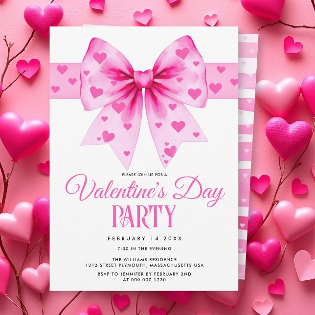 Pink coquette bow and hearts Valentine's Day party Inbjudningar (Skapare uppladdad)