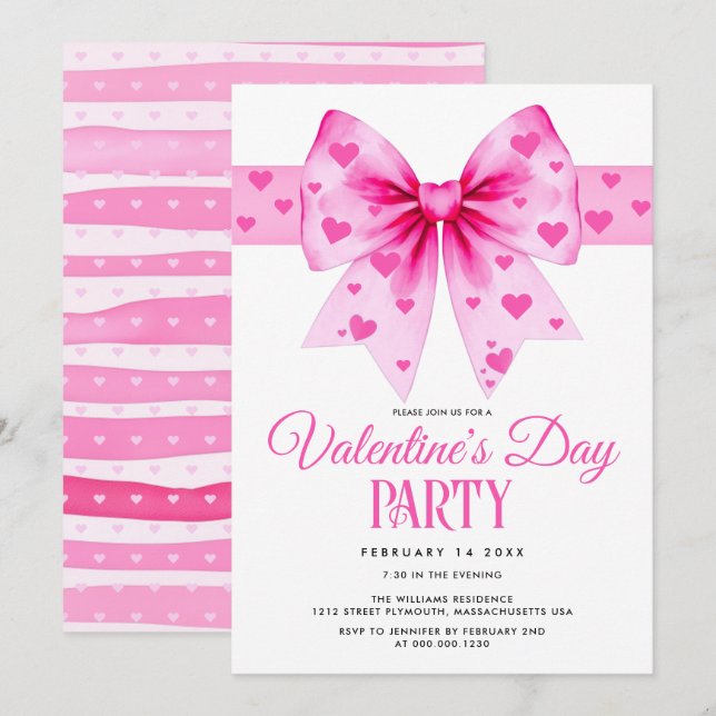 Pink coquette bow and hearts Valentine's Day party Inbjudningar (Fram/baksida)
