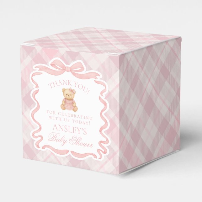 Pink Coquette Bow Bear Baby Shower Favor Box Presentaskar (Framsidan Sidan)