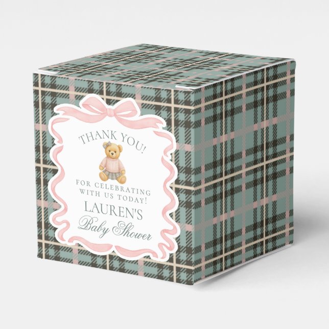Pink Coquette Bow Bear Baby Shower Favor Box Presentaskar (Framsidan Sidan)