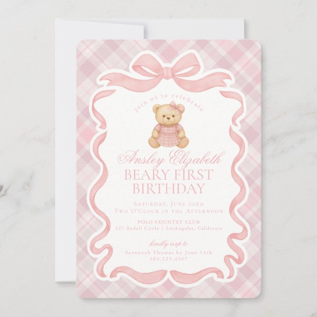 Pink Coquette Bow Bear Beary First Birthday Inbjudningar (Framsida)