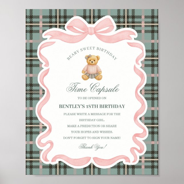 Pink Coquette Bow Bear Birthday Time Capsule Poster (Framsidan)