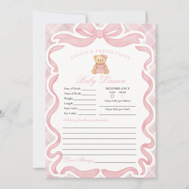 Pink Coquette Bow Bear Girl Advice for Baby Card Inbjudningar (Framsida)