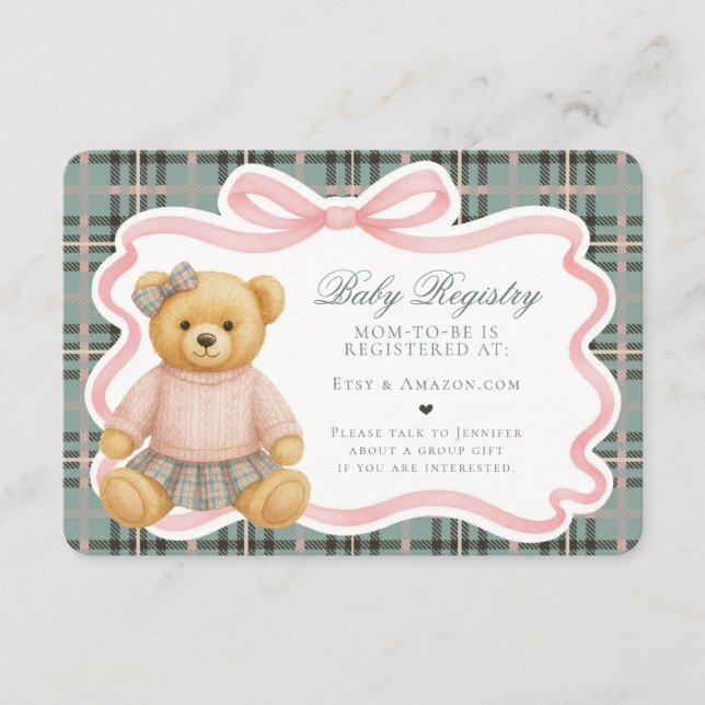 Pink Coquette Bow Bear Plaid Baby Registry Card Tilläggskort (Framsida)