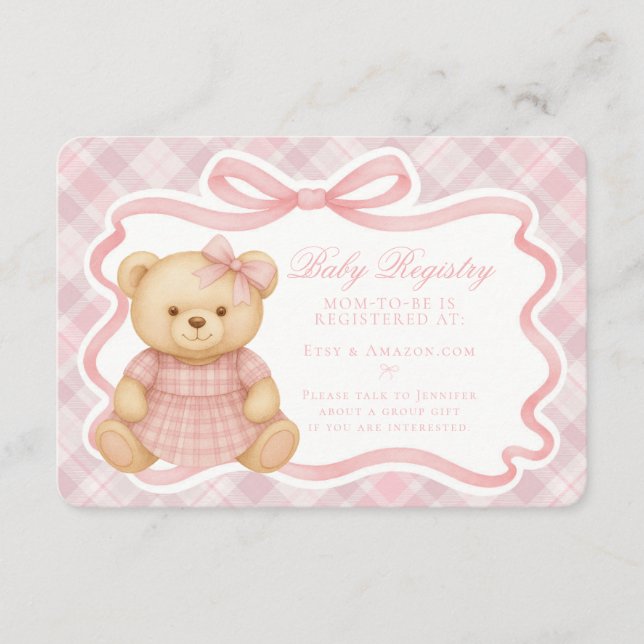 Pink Coquette Bow Bear Plaid Baby Registry Card Tilläggskort (Framsida)