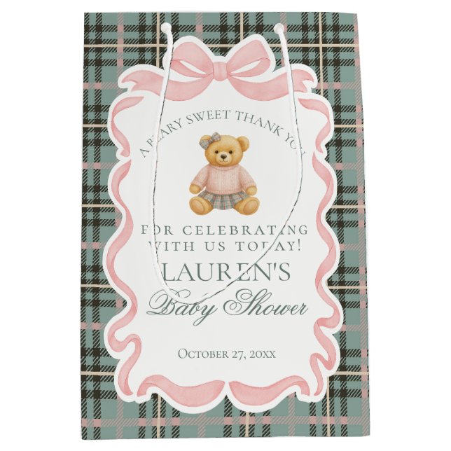 Pink Coquette Bow Bear Plaid Baby Shower Favors (Framsidan)