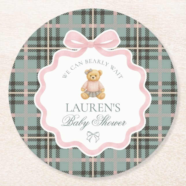 Pink Coquette Bow Bear Plaid Baby Shower  Underlägg Papper Rund (Framsidan)