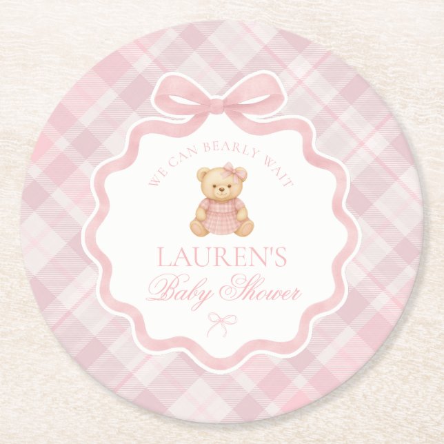Pink Coquette Bow Bear Plaid Baby Shower  Underlägg Papper Rund (Framsidan)