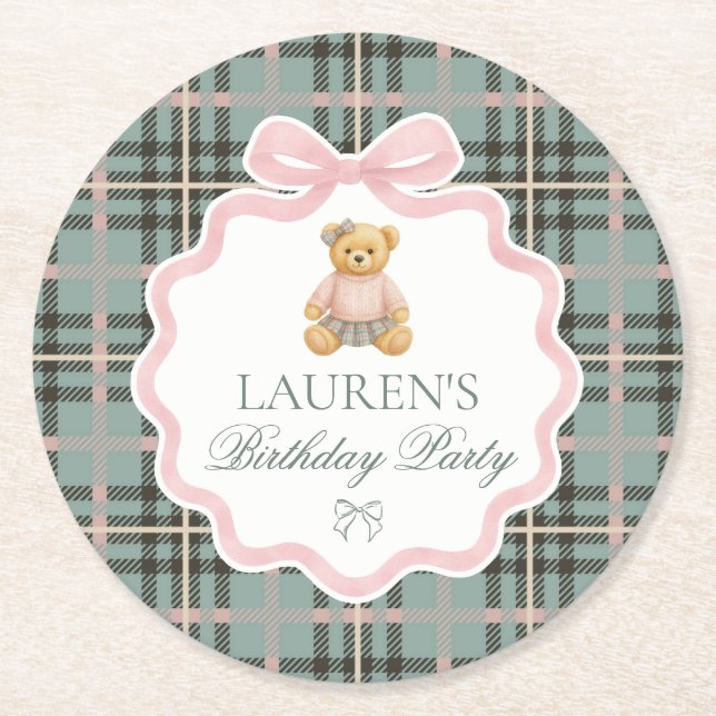 Pink Coquette Bow Bear Plaid Birthday  Underlägg Papper Rund (Framsidan)