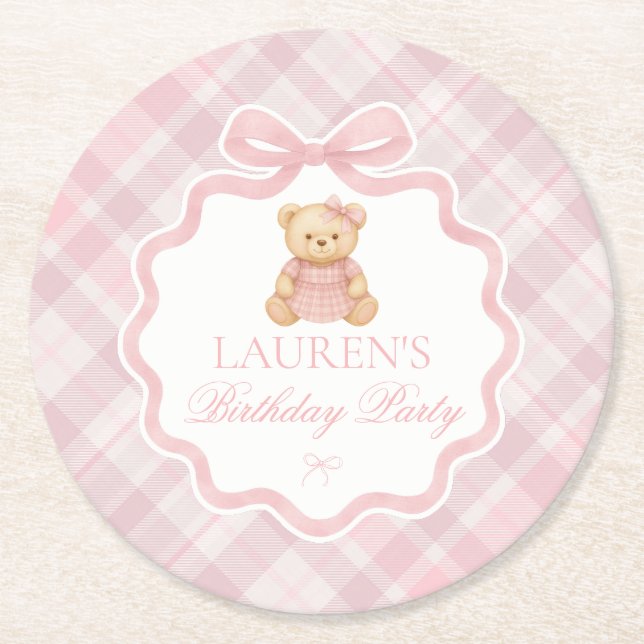 Pink Coquette Bow Bear Plaid Birthday  Underlägg Papper Rund (Framsidan)