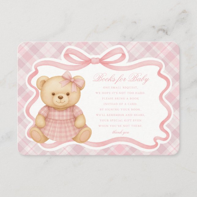 Pink Coquette Bow Bear Plaid Books for Baby Card Tilläggskort (Framsida)