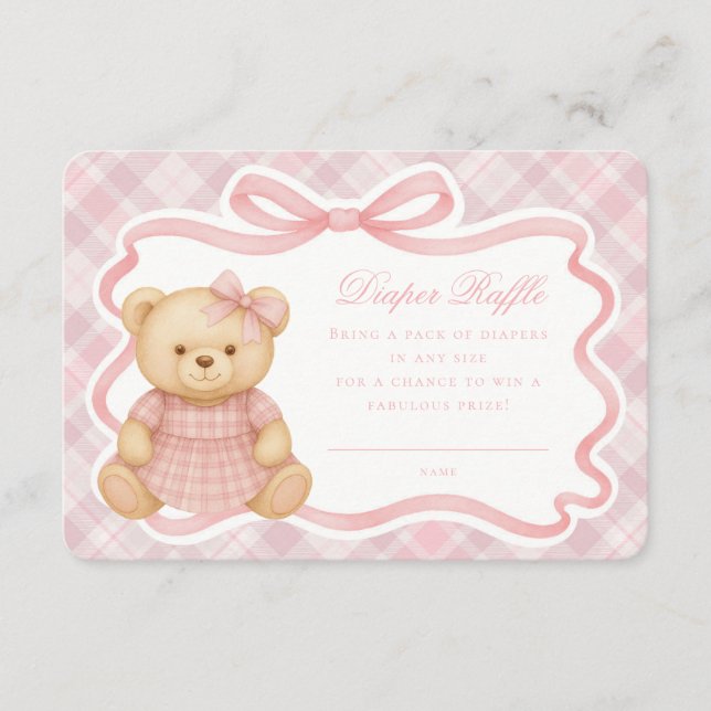 Pink Coquette Bow Bear Plaid Diaper Raffle Card Tilläggskort (Framsida)