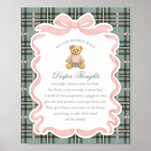 Pink Coquette Bow Bear Plaid Diaper Thoughts Poster (Framsidan)