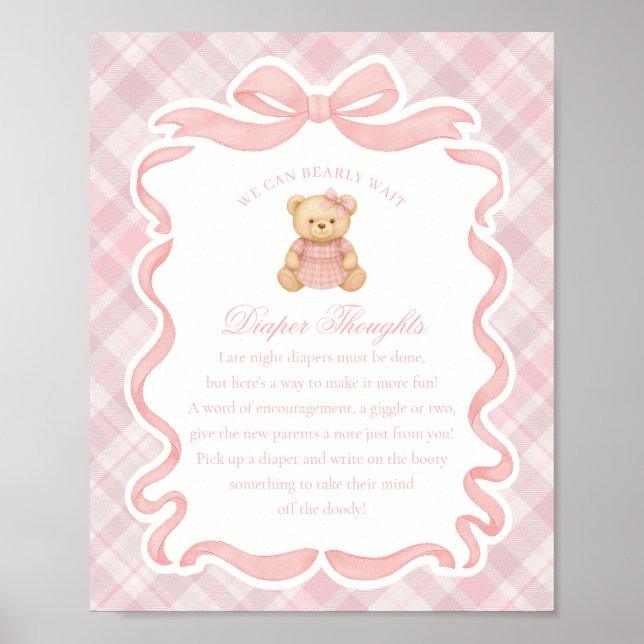 Pink Coquette Bow Bear Plaid Diaper Thoughts Poster (Framsidan)