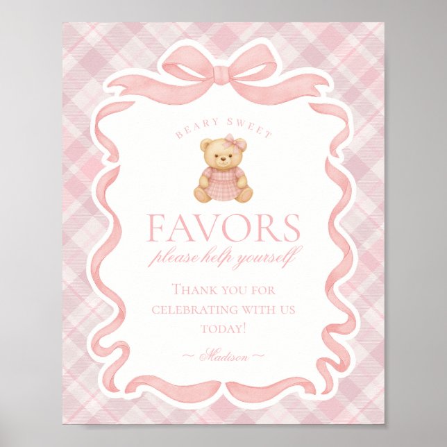 Pink Coquette Bow Bear Plaid Party Favors Sign Poster (Framsidan)