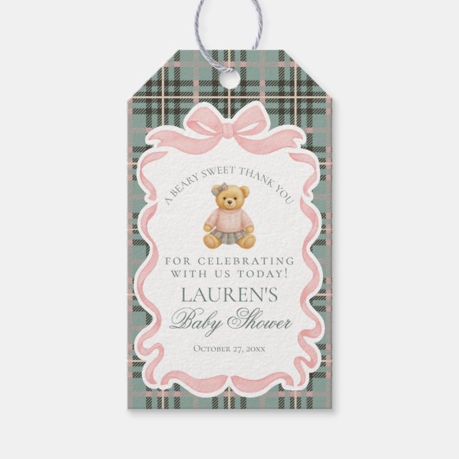 Pink Coquette Bow Bear Tartan Baby Shower Favors Presentetikett (Framsidan)