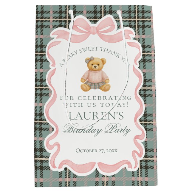 Pink Coquette Bow Bear Tartan Birthday Favors (Framsidan)