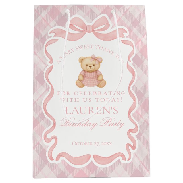 Pink Coquette Bow Bear Tartan Birthday Favors (Framsidan)