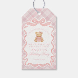 Pink Coquette Bow Bear Tartan Birthday Favors Presentetikett