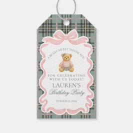 Pink Coquette Bow Bear Tartan Birthday Favors Presentetikett